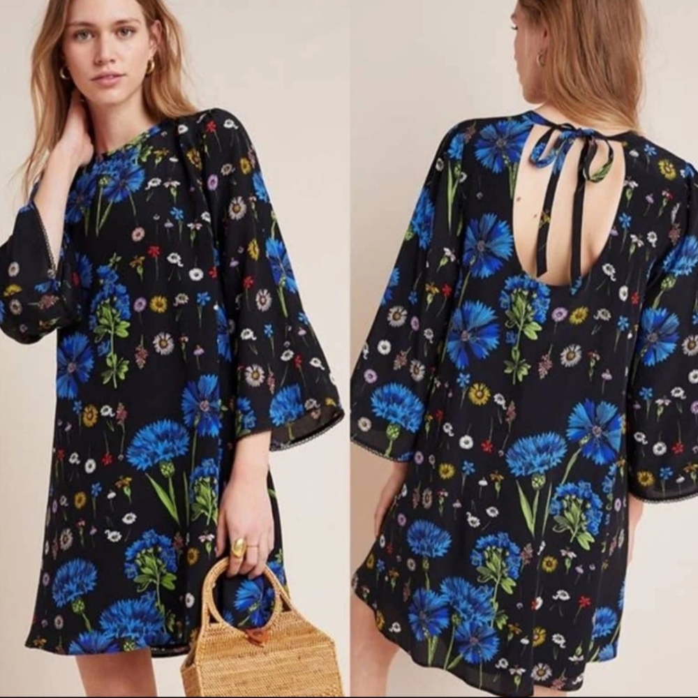 Anthropologie Maeve Lucinda Silk Tunic Floral‎ Dress Bell Sleeve Dark Boho XS